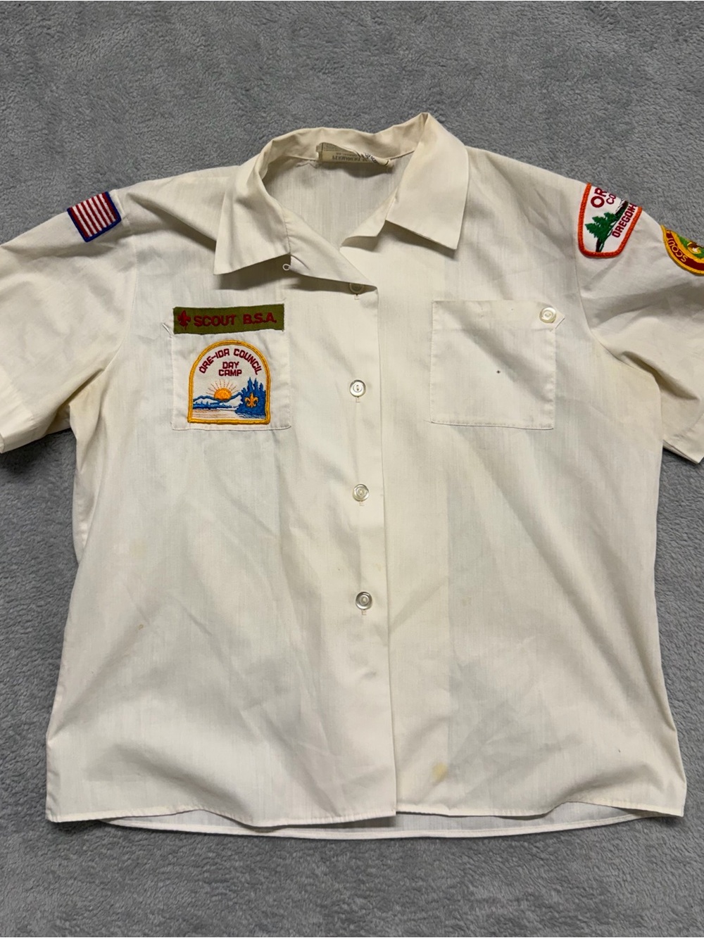 Vintage Girl Scouts Shirt 60s USA Made Uniform Top Loop Collar Patches 22x23
